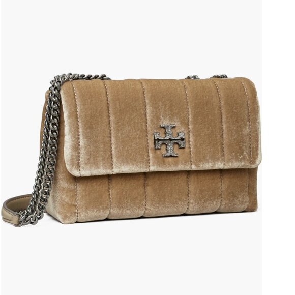 TORY BURCH Small Kira Velvet Pave Logo Quilted Crossbody Bag -Taupe - New w/Tags - Picture 1 of 5